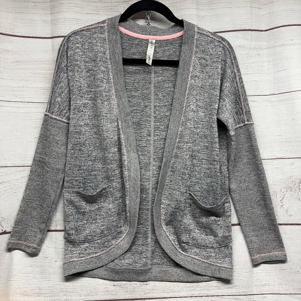 90 Degree by Reflex Girls Gray Open Front Cardigan Sweater Size L 12 Pink Trim